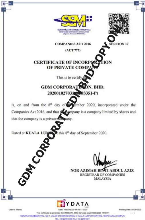 SSM Certificate of Incorporation